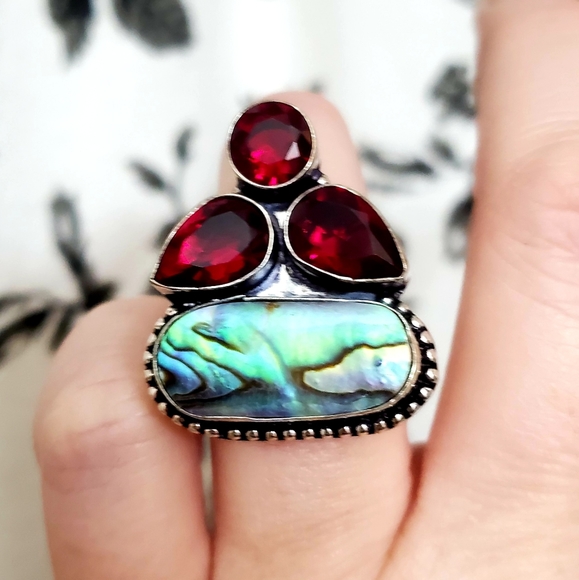 New Abalone Shell & Garnet 925 Silver Ring. - Picture 4 of 9